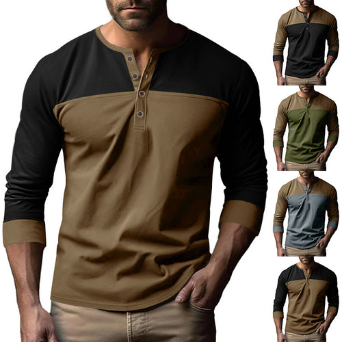Men's two-tone long sleeve shirt in Henley style with shoulder yoke, short button placket and ribbed cuffs StylebySassy
