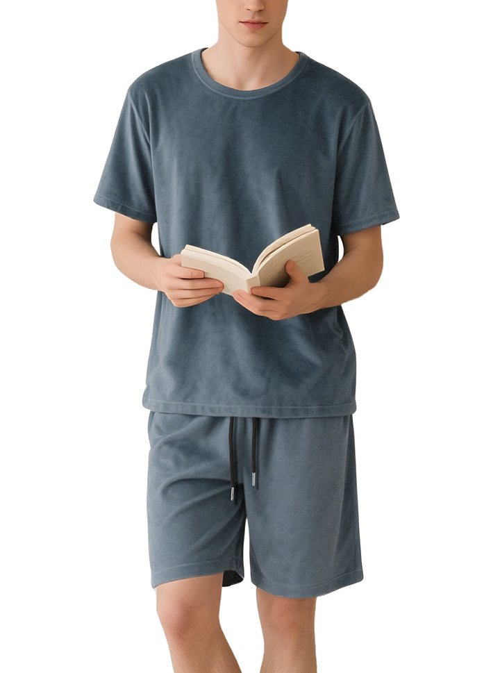 Men's velour lounge set with round neck short sleeve shirt and drawstring shorts StylebySassy