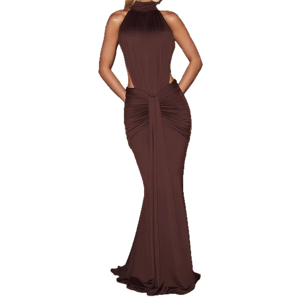 Women Elegant Maxi Dress with Draped Front and High Neck Design StylebySassy