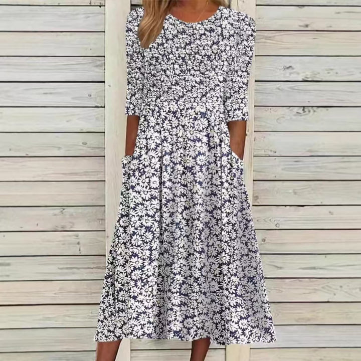 Ladies nan midi dress with smocked bodice, gathered waist and side pockets StylebySassy
