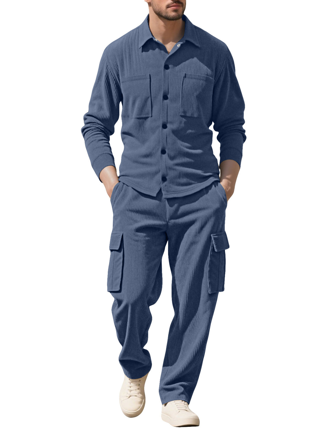 Men's ribbed worker shirt with chest pockets and relaxed cargo pants StylebySassy