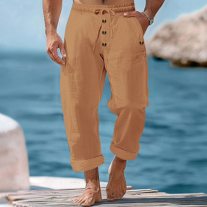 Men's casual linen-cotton pants with elastic waistband, drawstring, and rolled-up hem StylebySassy
