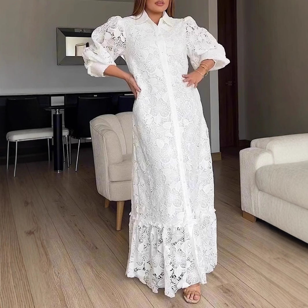Ladies' maxi dress made of lace with shirt collar and puff sleeves StylebySassy