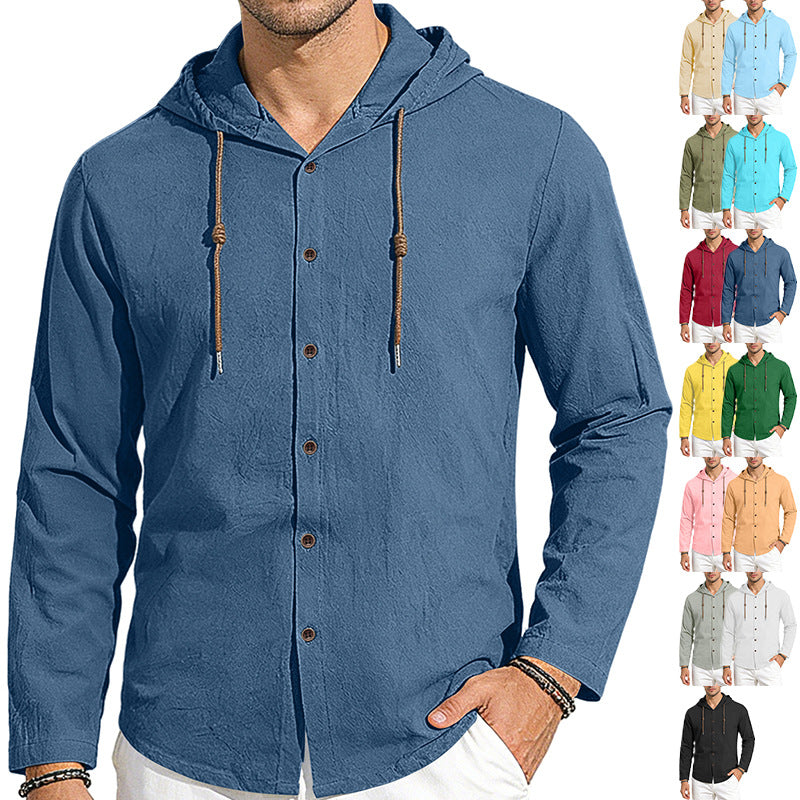 Men's textured linen blend hooded shirt with button placket, wood buttons, and side slits StylebySassy