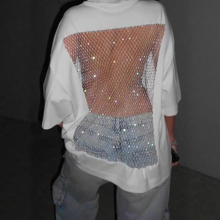 Women's oversized T-shirt with transparent mesh back, rhinestone embellishment and jeans print StylebySassy