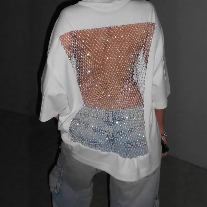 Women's oversized T-shirt with transparent mesh back, rhinestone embellishment and jeans print StylebySassy