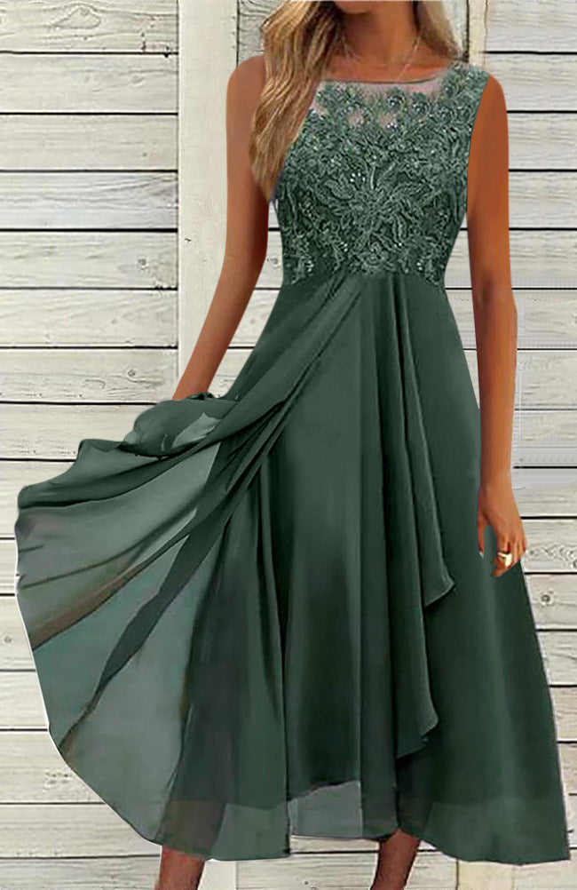 Women's sleeveless chiffon midi dress with embroidered illusion lace, boat neckline, and multilayer flared skirt StylebySassy