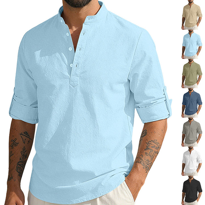 Men's lightweight half-button shirt made of linen blend with stand-up collar and roll-up sleeves StylebySassy