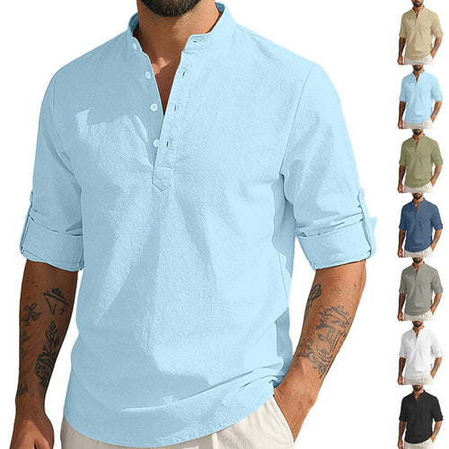 Men's lightweight half-button shirt made of linen blend with stand-up collar and roll-up sleeves StylebySassy