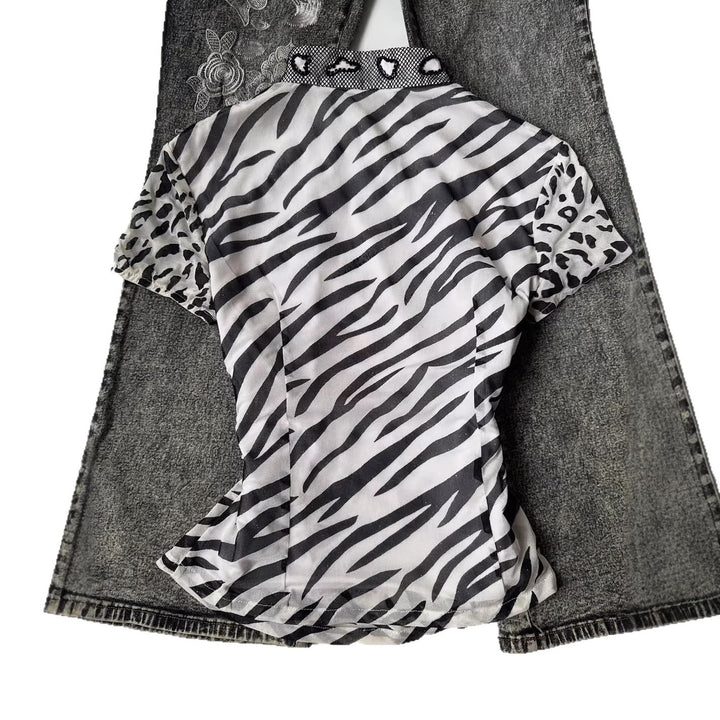 Ladies fashionable T-shirt with animal pattern and decorative collar StylebySassy