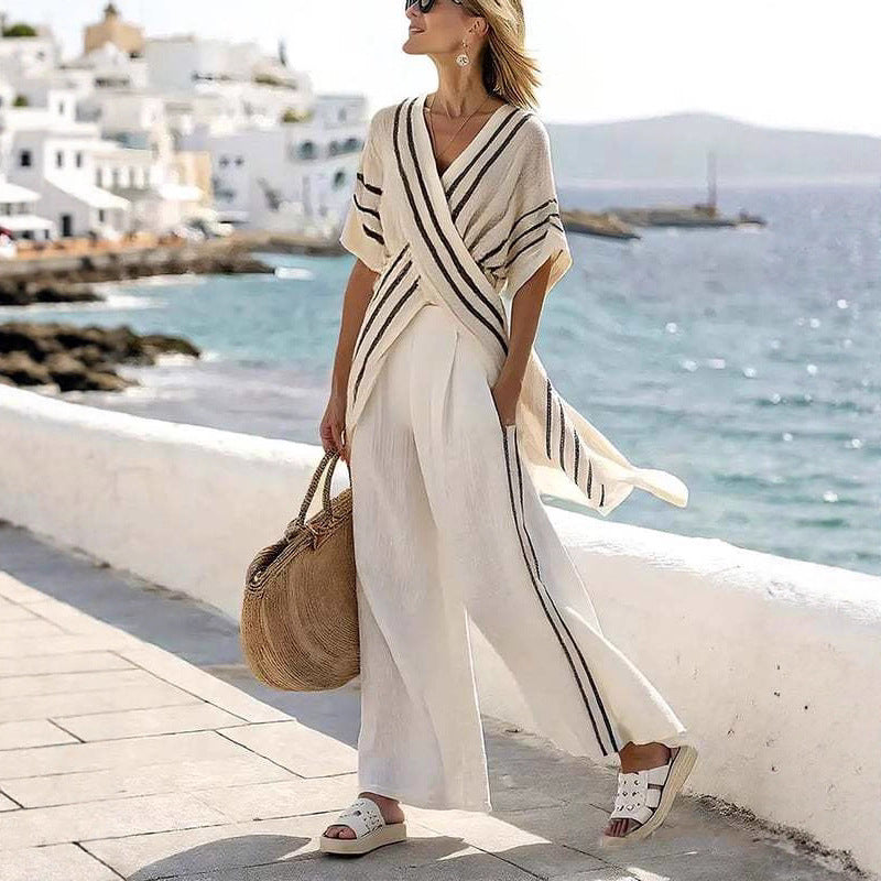 Women’s resort-inspired set with crossover kimono tunic and high-waisted palazzo pants StylebySassy
