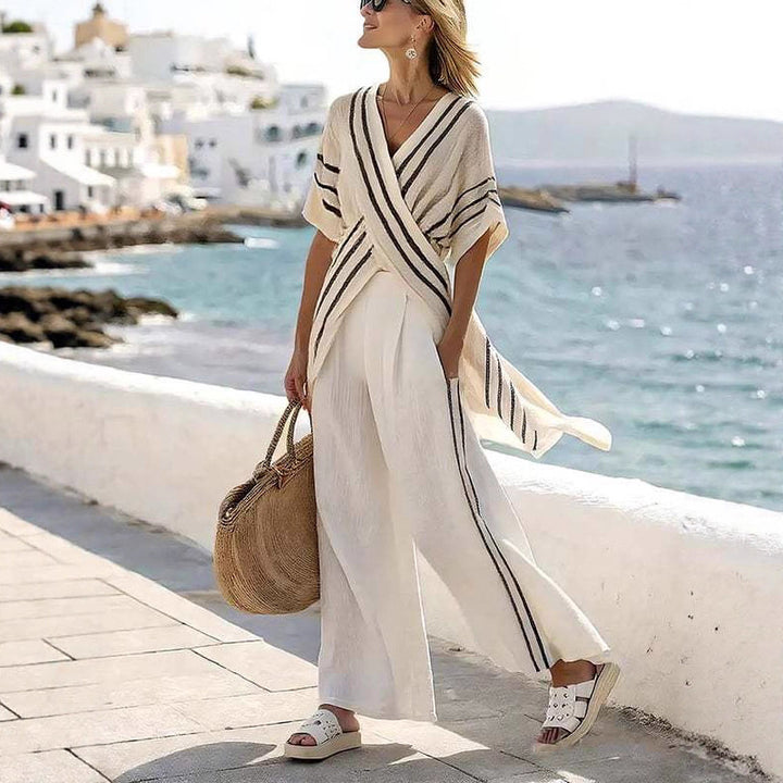 Women’s resort-inspired set with crossover kimono tunic and high-waisted palazzo pants StylebySassy