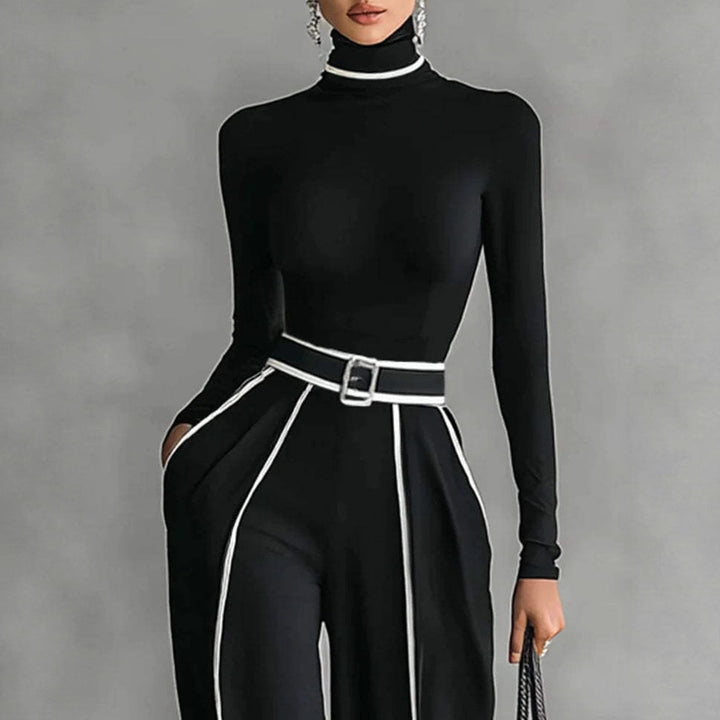 Ladies' elegant knit set with fitted turtleneck top and wide pleated trousers with waistband StylebySassy