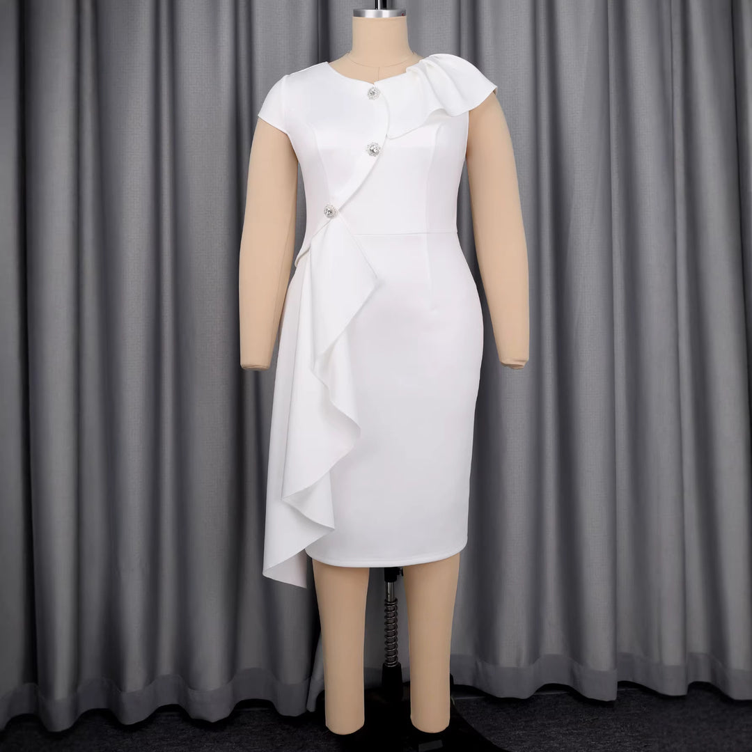 Women’s sheath dress with draped ruffles and sparkling button details StylebySassy
