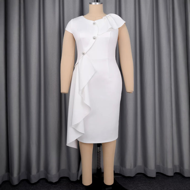 Women’s sheath dress with draped ruffles and sparkling button details StylebySassy