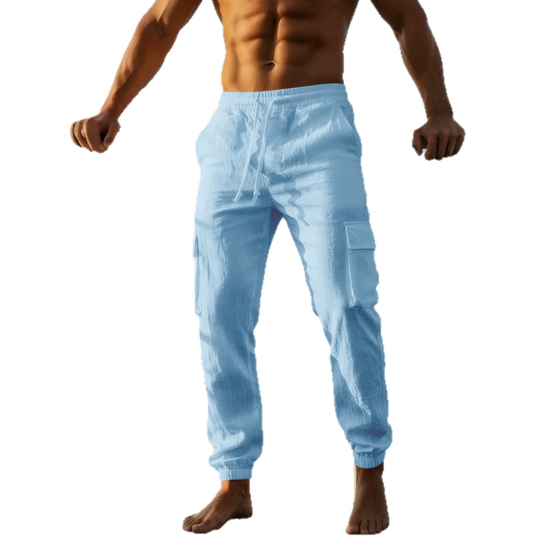 Men's summer linen cargo jogging pants with elastic drawstring waistband and patch flap pockets StylebySassy