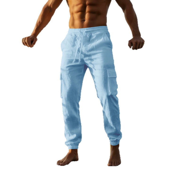 Men's summer linen cargo jogging pants with elastic drawstring waistband and patch flap pockets StylebySassy