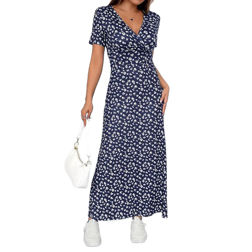Women's fitted jersey midi dress with crossover top, short sleeves, and flared skirt StylebySassy