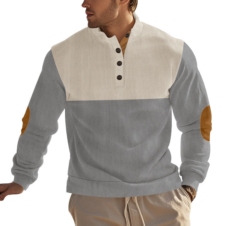 Men's ribbed knit sweater with standing collar, button placket, and leather elbow patches StylebySassy