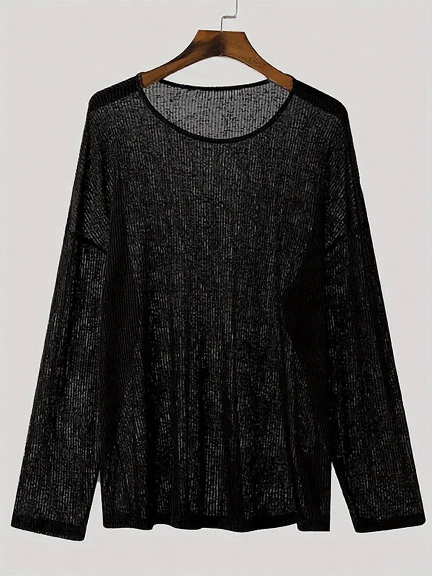 Ladies fall loose long sleeve fine knit shirt with fine ribbed pattern and round neck StylebySassy