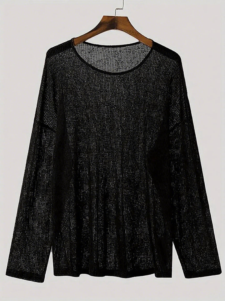 Ladies fall loose long sleeve fine knit shirt with fine ribbed pattern and round neck StylebySassy