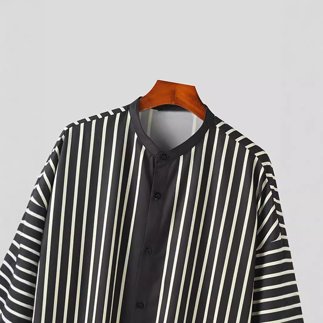 Women's striped lounge two-piece with stand-up collar button-up shirt jacket and straight pajama pants StylebySassy
