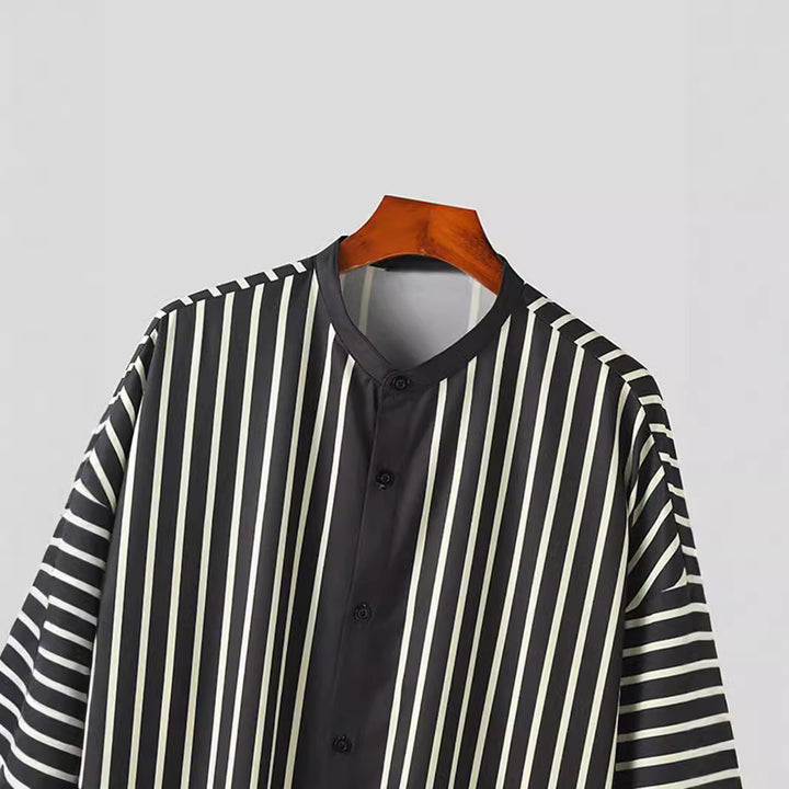 Women's striped lounge two-piece with stand-up collar button-up shirt jacket and straight pajama pants StylebySassy
