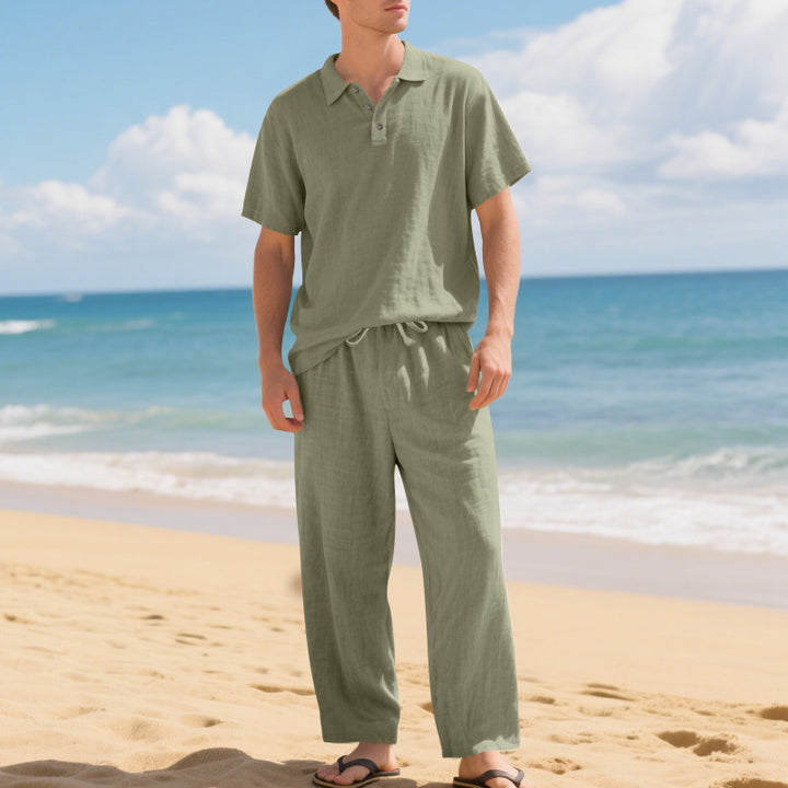 Men's airy linen ensemble with polo collar and adjustable waistband pants StylebySassy