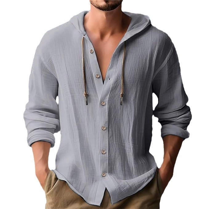 Men's casual hooded shirt with full button placket, drawstring, and lightweight linen look StylebySassy