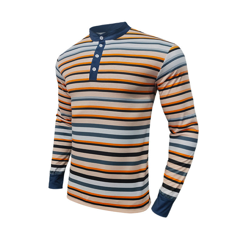 Men's striped long-sleeve Henley shirt with stand-up collar and button placket StylebySassy