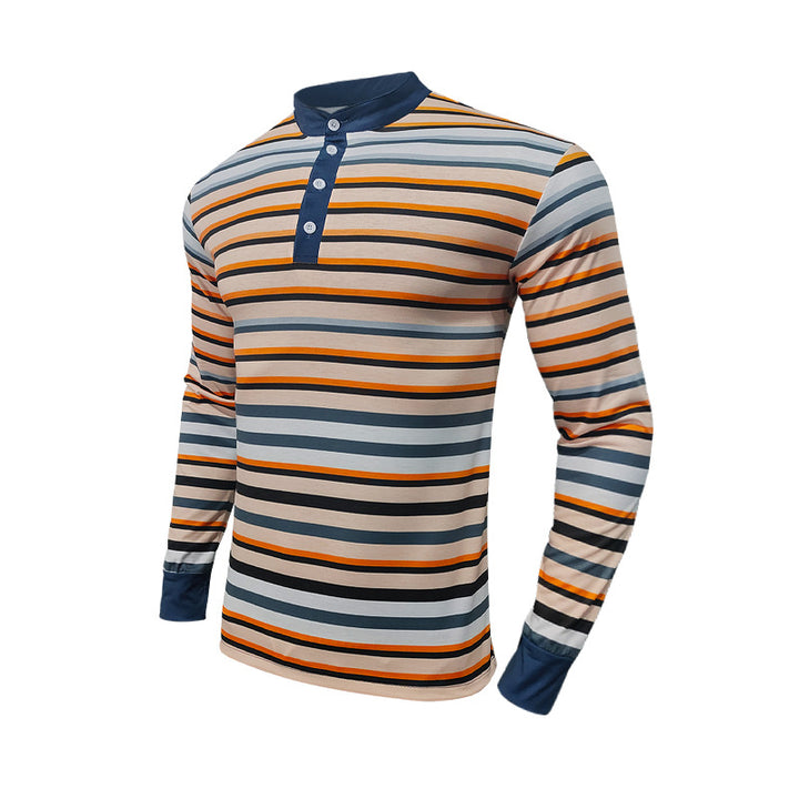 Men's striped long-sleeve Henley shirt with stand-up collar and button placket StylebySassy