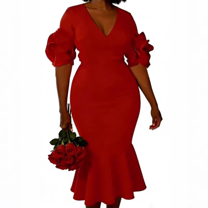 Women's fitted dress with ruffle sleeves and lace accents StylebySassy