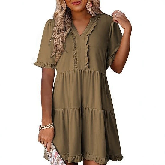 Women's lightweight swing dress with V-neck, tiered skirt and delicate ruffles StylebySassy
