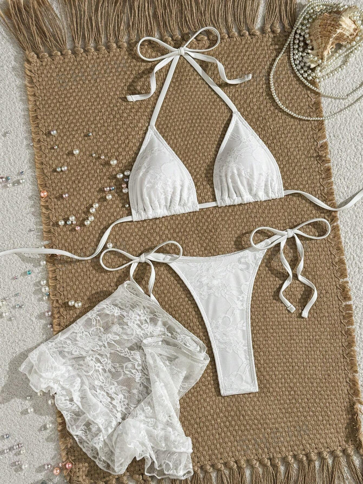 Ladies Lace Bikini with Floral Design and Flowing Skirt StylebySassy