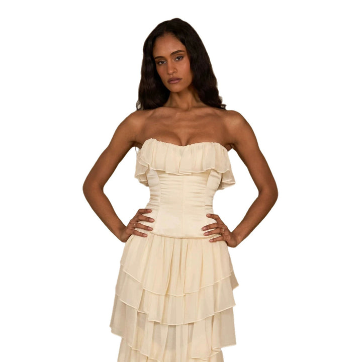 Women Elegant, off-the-shoulder maxi dress with flowing ruffles StylebySassy