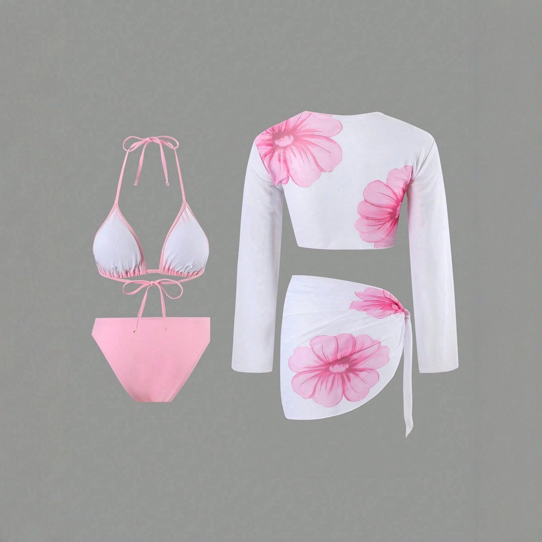 Women's bikini set with floral wrap cloth and long-sleeved top StylebySassy