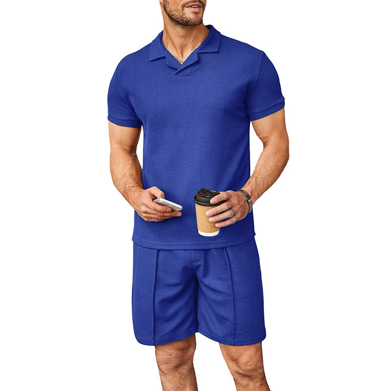 Men's two-piece leisure set made of structured cotton blend with polo shirt and straight comfort shorts StylebySassy