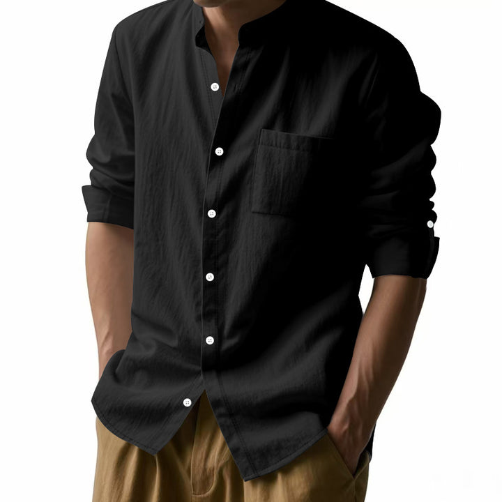 Men's linen-cotton shirt with stand-up collar, roll-up sleeves, and chest pocket StylebySassy