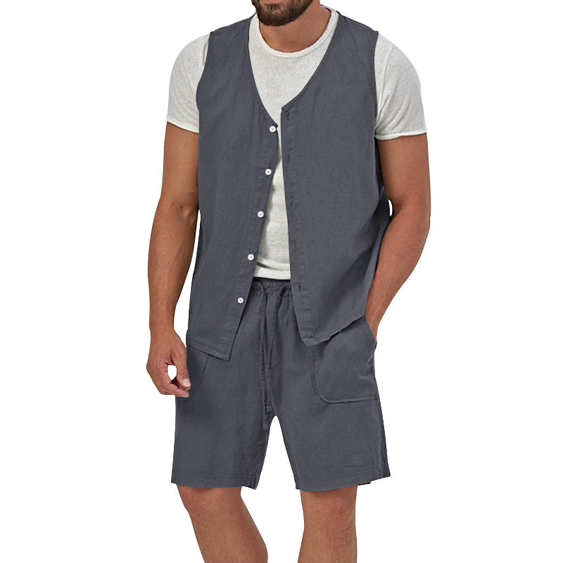 Men's two-piece leisure set with sleeveless button vest and wide drawstring shorts with patch pockets StylebySassy