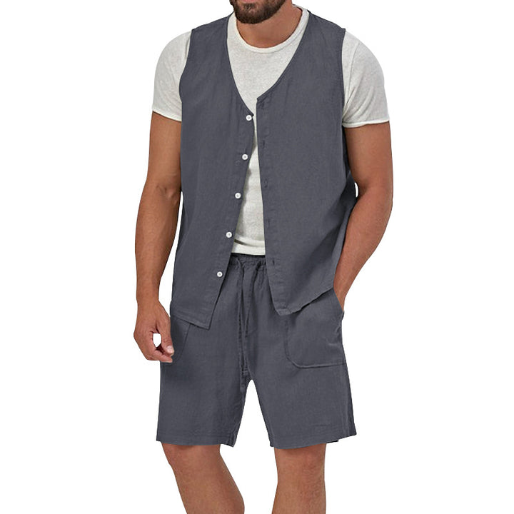 Men's two-piece leisure set with sleeveless button vest and wide drawstring shorts with patch pockets StylebySassy