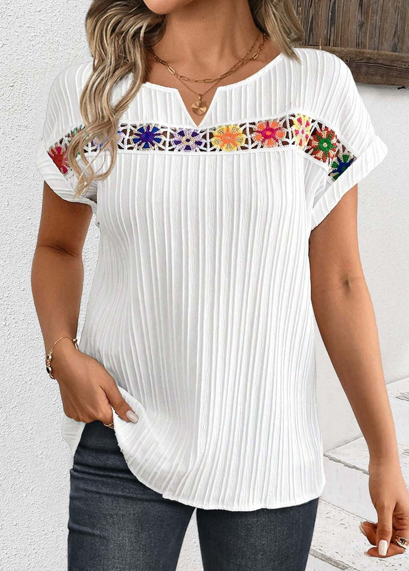 Women's cropped ribbed top with lace trim and V-slit StylebySassy