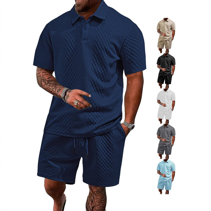 Men's embossed waffle polo with Kent collar and elastic drawstring shorts set StylebySassy