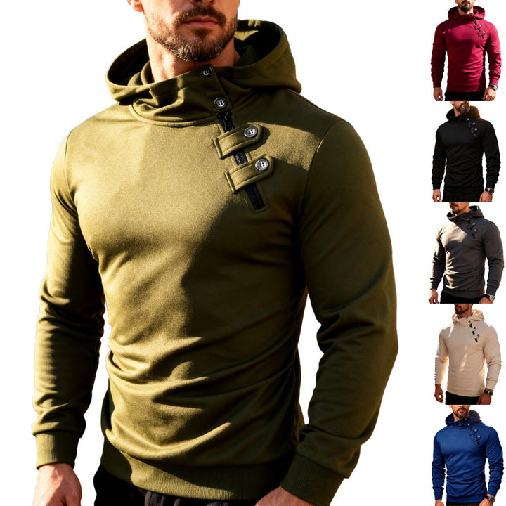 Men's fitted hoodie with high collar, decorative tabs and concealed diagonal zipper StylebySassy