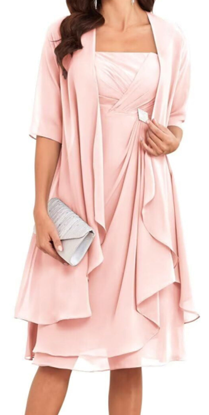 Women's Chiffon Evening Dress with Bolero and Asymmetrical Layered Skirt StylebySassy