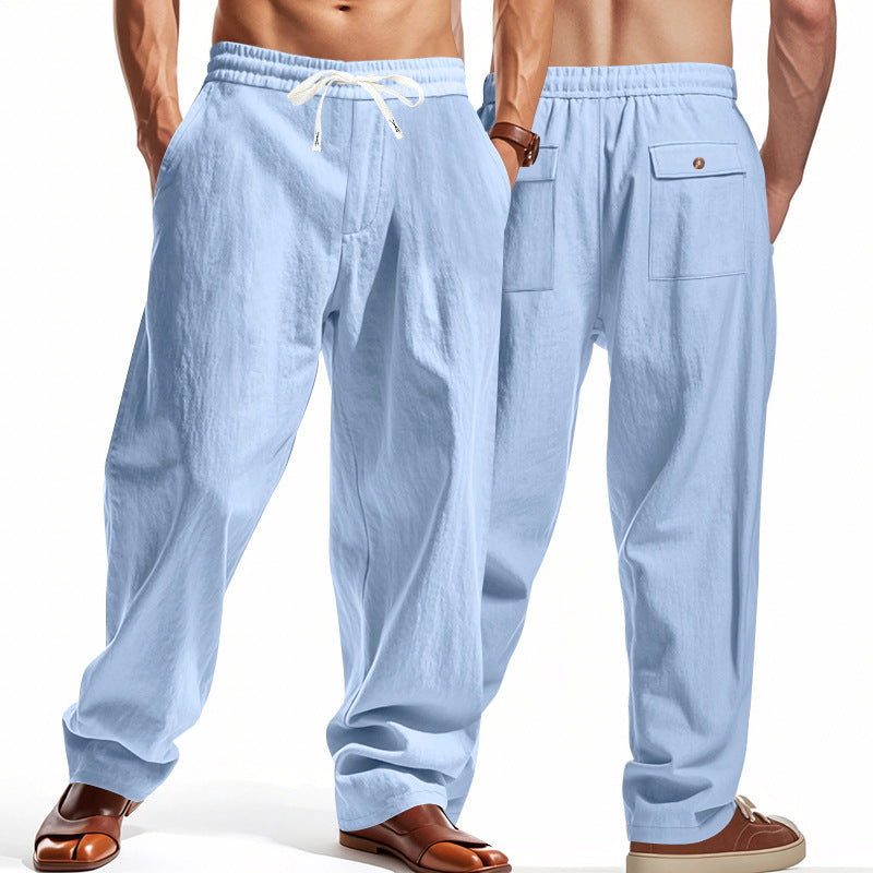 Men's wide comfort trousers in linen blend with elastic drawstring, straight leg, and patch back pockets StylebySassy