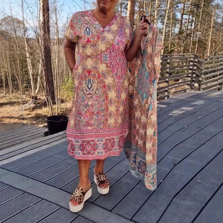Women's flowing midi dress in tunic-kaftan mix with V-neck, short sleeves, loose fit, and matching pareo StylebySassy