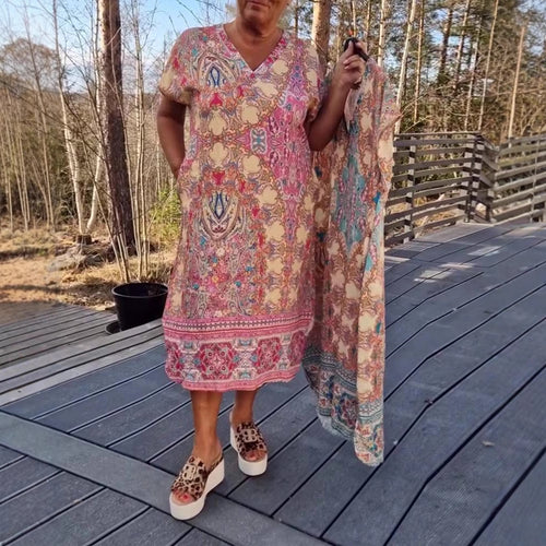 Women's flowing midi dress in tunic-kaftan mix with V-neck, short sleeves, loose fit, and matching pareo StylebySassy