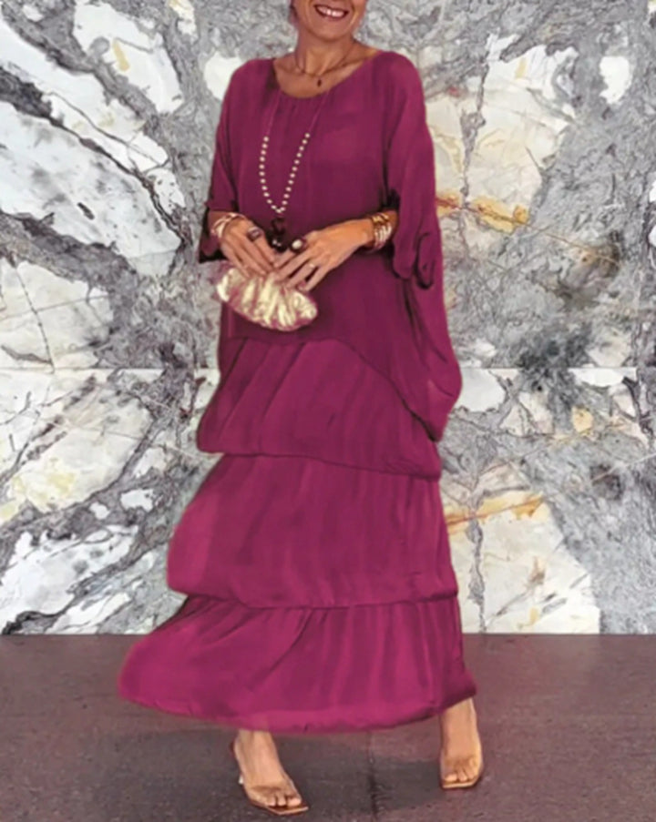 Women's layered tiered maxi dress with wide batwing top and tiered ruffle skirt StylebySassy