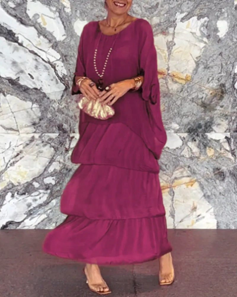 Women's ankle-length tiered dress with wide batwing sleeves and loose silhouette StylebySassy