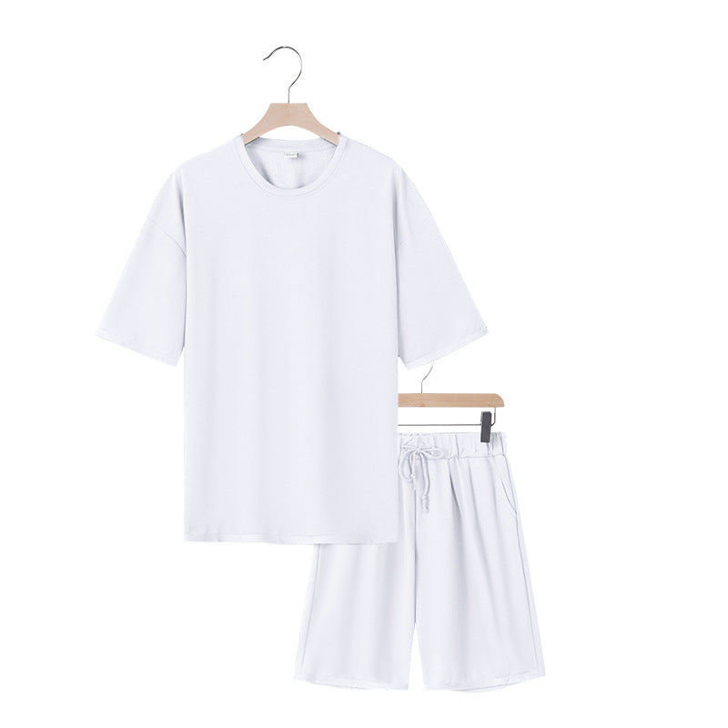 Men's relaxed jersey set with extended round neck t-shirt and elastic drawstring shorts StylebySassy
